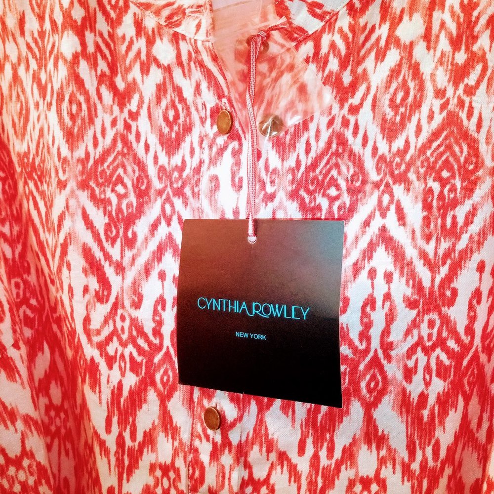 Cynthia Rowley Red & Cream Ikat Print Sleeveless Linen Dress Sz 10 NWT - Picture 2 of 11